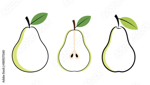 Set of three stylized pear illustrations, including a whole pear, a half, and an outline version on white background.