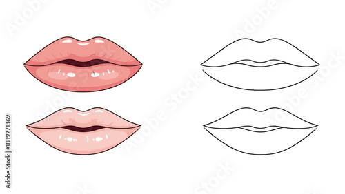 Set of female lips illustrations in two styles: realistic pink glossy lips and a simple black and white outline.
