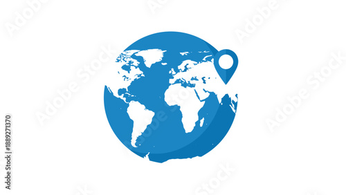 Blue world map globe icon with a location pin pointer, symbolizing travel, navigation, and global positioning on a white background.