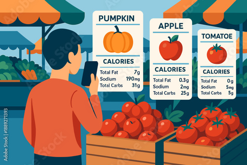 Person reads nutrition labels at a market with various fruits and vegetables displayed in stalls during a daytime shopping visit