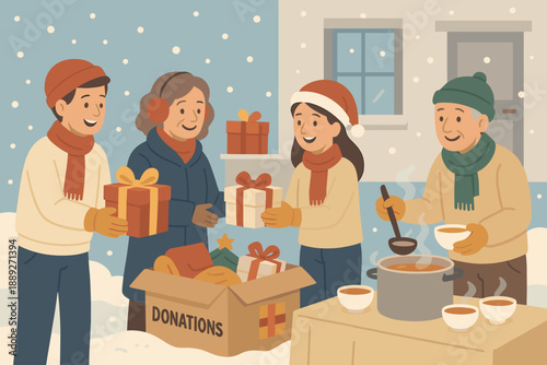 People share gifts and food during winter charity event outside a house in a snowy neighborhood
