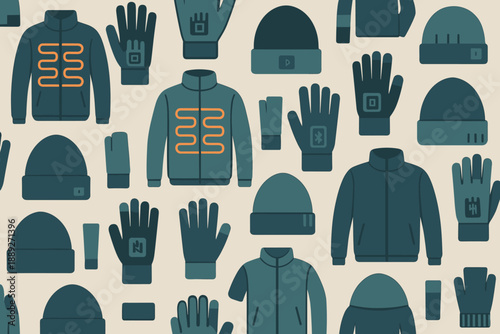 Clothes and accessories designed for outdoor activities displayed on a light background with various shapes and designs