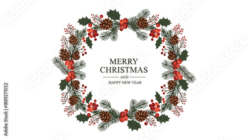 Beautifully detailed Christmas wreath with pinecones, red berries, and holly leaves, with holiday greetings in the center.