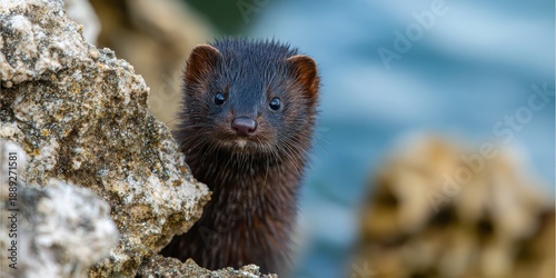 wildlife photography, close-up of a glossy florida mink peeking from behind limestone, its dark fur and black eyes sharply in focus with blurred marsh in background