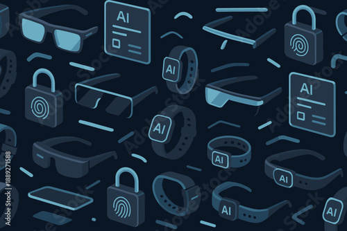 Modern technology items for daily use and security with smart features on a dark background