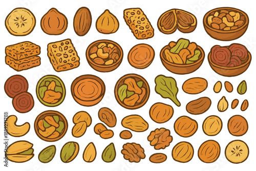 Different types of nuts and dried fruits arranged on a white background for a healthy snack or dessert option