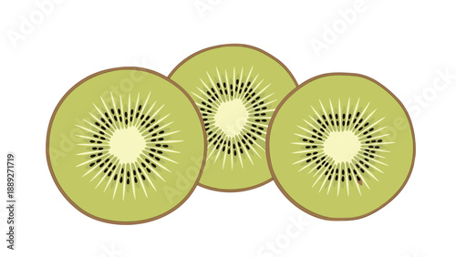 Simple flat design illustration of three overlapping slices of green kiwi fruit, isolated on a clean white background.