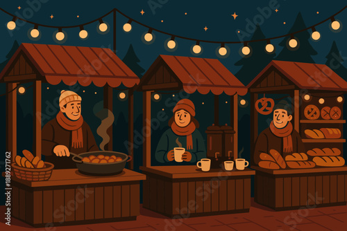 Winter market with food stalls and people enjoying warm drinks during the night in a festive atmosphere under string lights