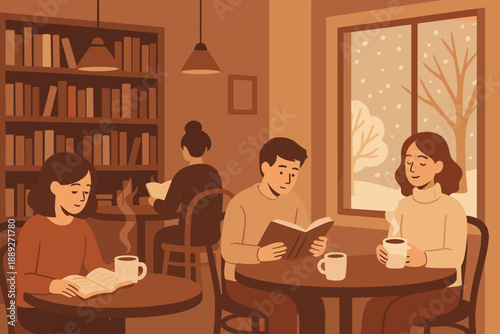 People reading and drinking coffee in a cozy cafe during winter with a view of snow outside