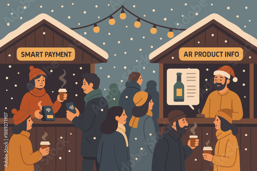 Crowds enjoy a winter market with food stalls and festive lights during the holiday season