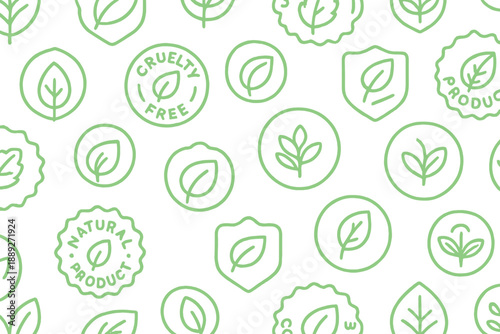 Collection of simple leaf symbols representing natural and cruelty-free products in a green pattern on a white background