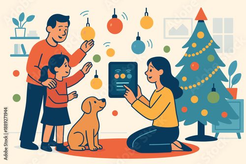 Family decorates Christmas tree while using tablet to select ornaments in living room at home