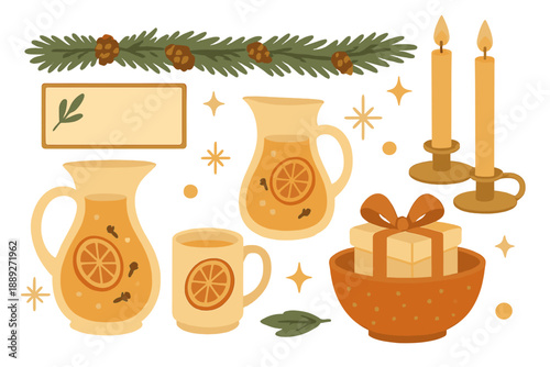 Warm drinks and festive decor display with candles and gifts for a winter gathering