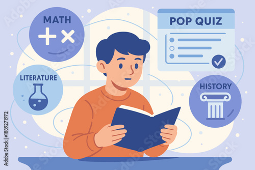 Student prepares for a pop quiz with focus on math, literature, and history while sitting at a desk in a study space
