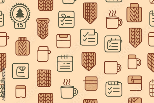 Pattern with symbols of warm drinks, preparations, and notes on a light background during winter season