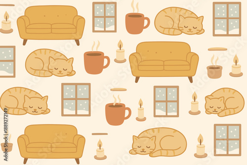 Cozy scene with cats, couches, and warm drinks during winter days indoors