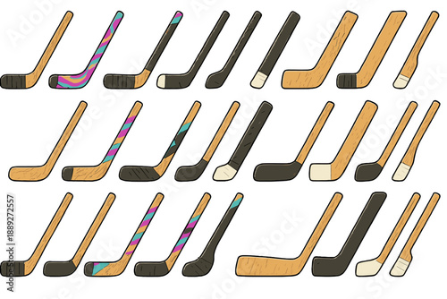 Different hockey sticks arranged in grids with various colors and designs at a sports area for a game or training