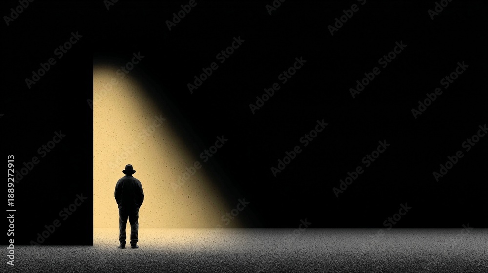 Obraz premium Silhouette of a solitary person standing in a spotlight against a dark, empty background