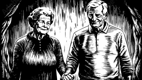 Very beautiful   close up lifestyle portrait of an elderly couple in their sixties holding hands and smiling gently, expressing lifelong companionship, warmth, and enduring love built through years of