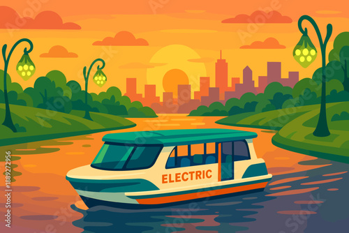 Sunset boat ride on a river in a city with electric boat and skyline view