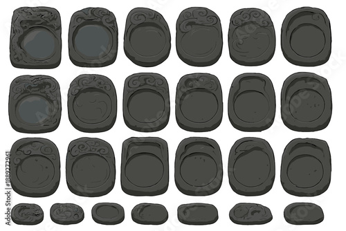 Various clay stamps for crafting and design projects on a table in a workshop during daytime hours