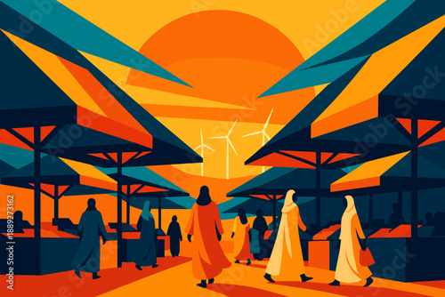 People walk through a market at sunset with wind turbines in the background and colorful stalls in the foreground