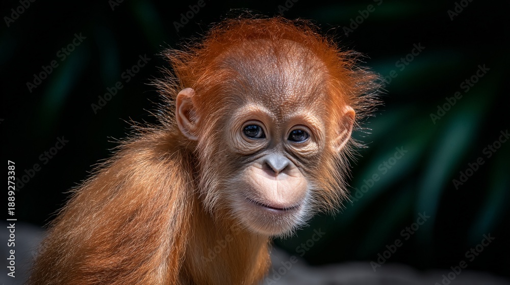 Fototapeta premium Portrait of a Young Orangutan in a Natural Forest Setting with Lush Greenery