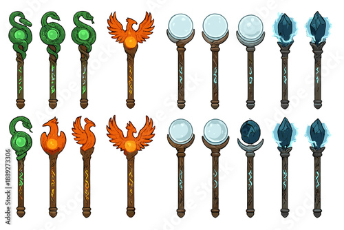 Different types of magical staves with various designs, showcasing symbols and colors