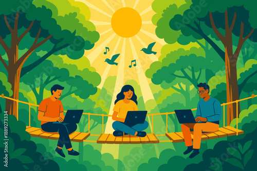 People work on laptops while sitting on a bridge in a forest under sunlight in the daytime with birds singing