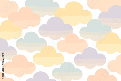 Colorful clouds in a pattern on a light background create a cheerful scene for children's room decor or art projects
