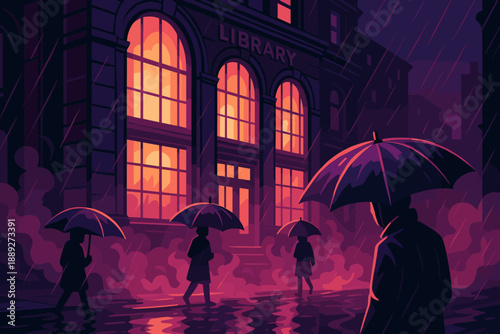 Walking with umbrellas near the library during rainy evening with city lights shining brightly