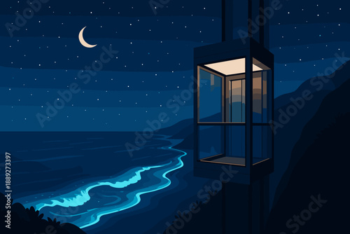 Elevator overlooking ocean at night with moonlight and stars in sky near coastal area