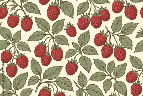 Bright red raspberries on green leaves create a simple pattern for decoration or design purposes in a casual setting
