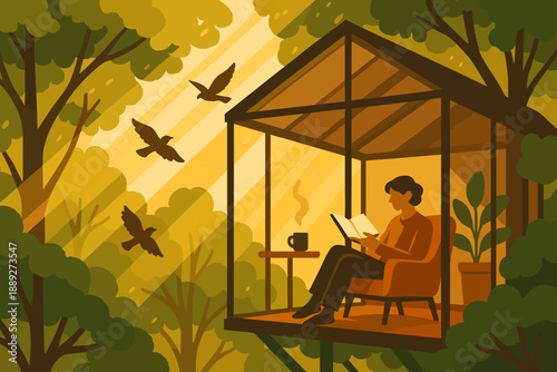 Reading in a cozy glass room surrounded by trees and birds in the afternoon light