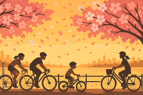 Family rides bicycles along a riverside under cherry blossom trees during sunset in a city park