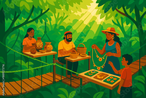 Craftspeople show handmade items in jungle market at midday with sun shining through trees
