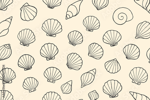 Seashells scattered on a light background with different shapes and sizes in a repeating pattern during daylight