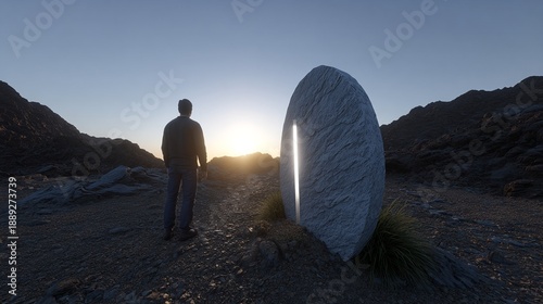 Person Standing Near an Illuminated Stone Structure at Sunrise in a Mountainous Landscape