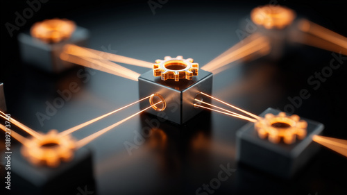 Modular blocks connected by gear mechanisms symbolizing system integration, workflow automation, and operational efficiency.
