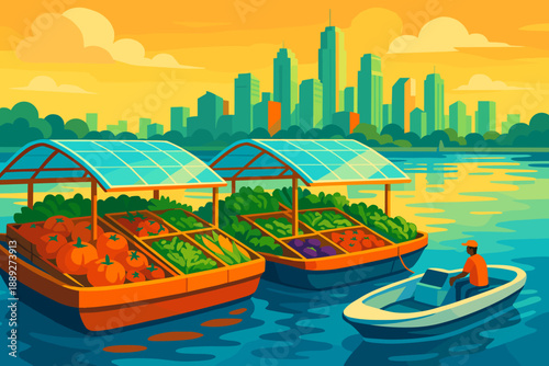 Vendors display fresh produce on floating markets with city skyline in the background during sunset
