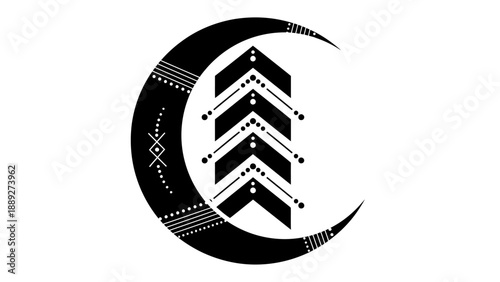 Black crescent moon with geometric pattern.