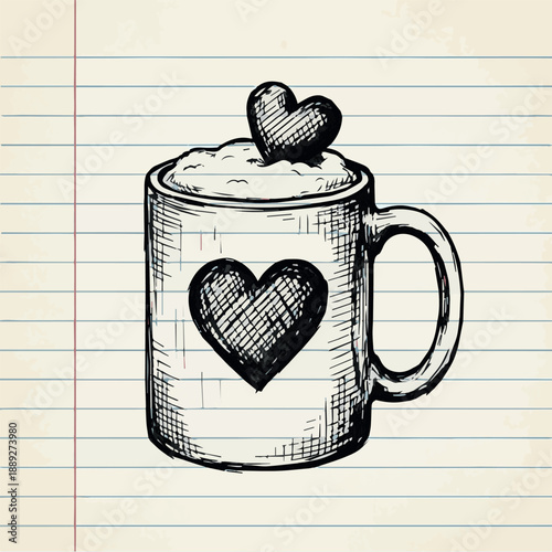 Heart Mug with Chocolate on Musical Sheet Background