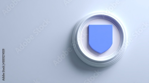 Modern minimalistic blue shield emblem on a circular layered background in soft lighting