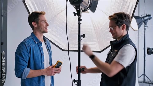 studio lighting setup two men adjusting softbox and lightstand checking meter and cable connections in modern photography studio - friendly teamwork between photographer and assistant -