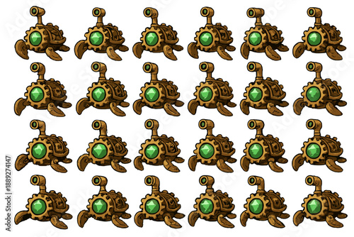 Multiple mechanical turtles with green gems displayed in a grid pattern on a white background