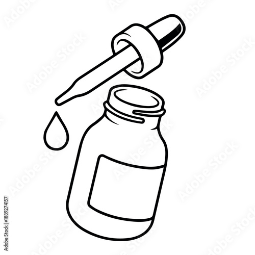 Black and White Illustration of Dropper Bottle with Liquid Drip