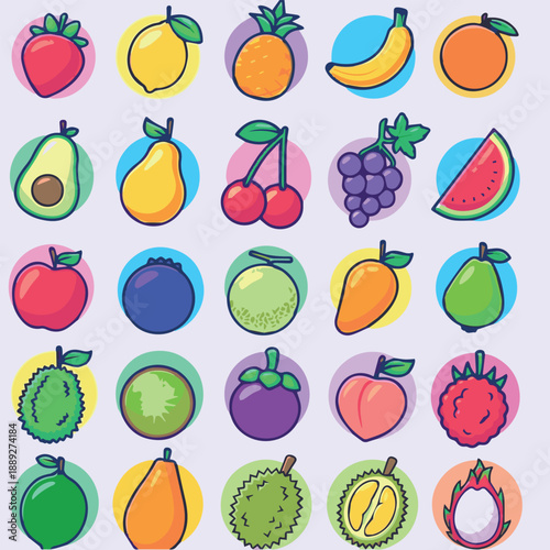Colorful Fruit Illustrations in Retro Style with Numbers