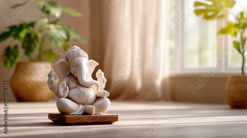 Serene white Ganesha statue placed indoors with natural sunlight and green plants