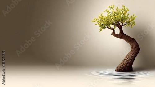 Elegant twisted tree with green leaves standing in calm rippling water on a minimalist background