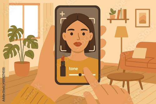 Person uses a phone to try out lipstick in a cozy room with plants, furniture, and warm lighting during the day